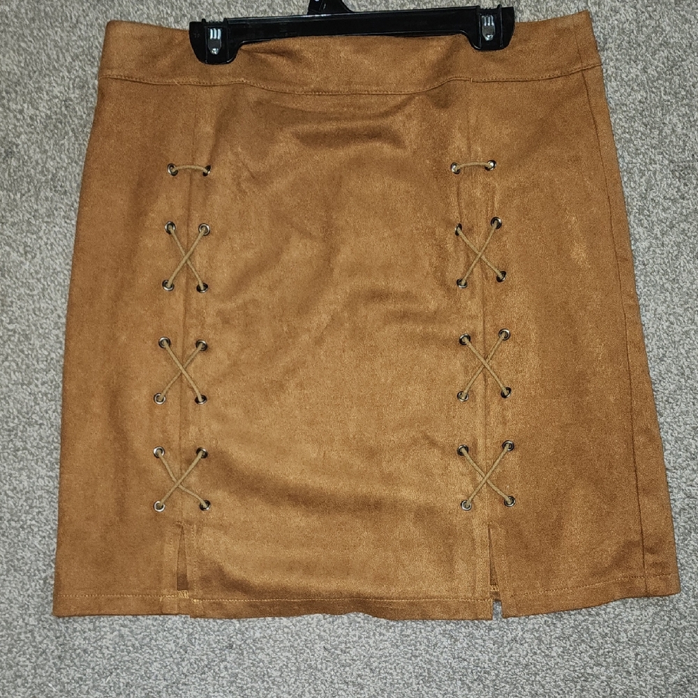 Mango Tan Mini Skirt with Lace-Up Design